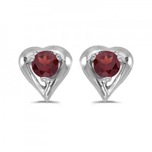 14k White Gold Round Garnet Heart Earrings