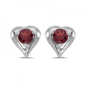 14k White Gold Round Garnet Heart Earrings