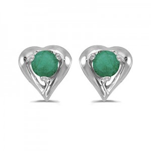 14k White Gold Round Emerald Heart Earrings