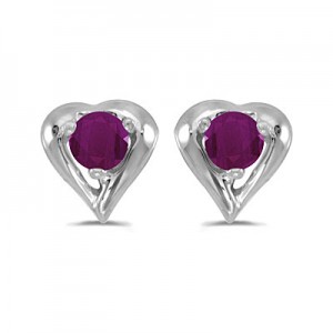 14k White Gold Round Ruby Heart Earrings