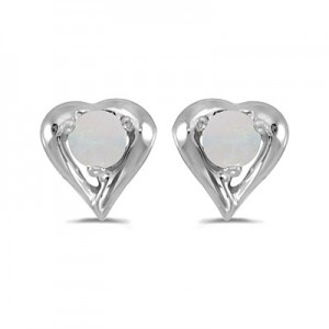 14k White Gold Round Opal Heart Earrings