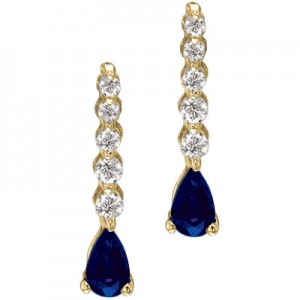 14K Yellow Gold Graduated Diamond and Pear Sapphire Drop Earrings