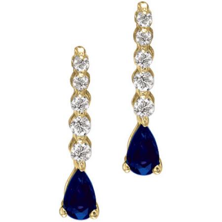 14K Yellow Gold Graduated Diamond and Pear Sapphire Drop Earrings