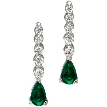 14K White Gold Graduated Diamond and Pear Emerald Drop Earrings