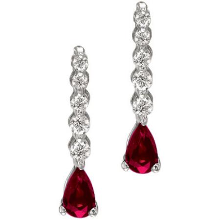 14K White Gold Graduated Diamond and Pear Ruby Drop Earrings