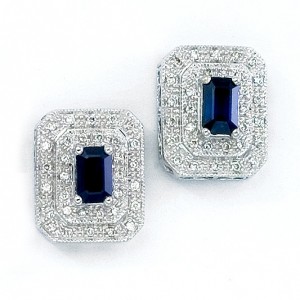 14K White Gold 6x4 mm Octagon Sapphire and Diamond Precious Earrings