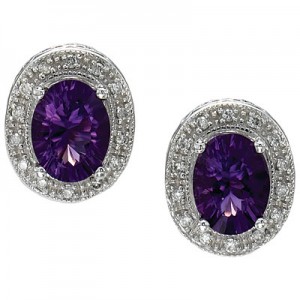 14K White Gold 8x6 Oval Amethyst and Diamond Earrings