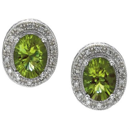 14K White Gold 8x6 Oval Peridot and Diamond Earrings