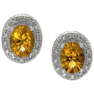 14K White Gold 8x6 Oval Citrine and Diamond Earrings