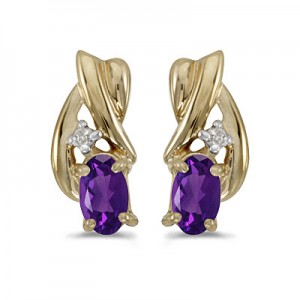 14k Yellow Gold Oval Amethyst And Diamond Earrings