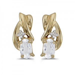 14k Yellow Gold Oval White Topaz And Diamond Earrings