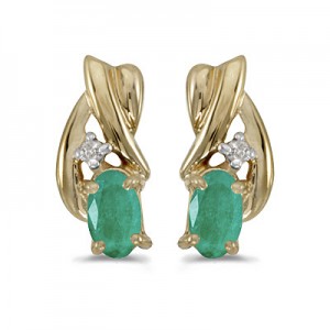 14k Yellow Gold Oval Emerald And Diamond Earrings