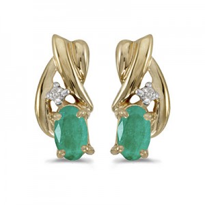 14k Yellow Gold Oval Emerald And Diamond Earrings