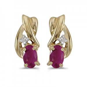 14k Yellow Gold Oval Ruby And Diamond Earrings