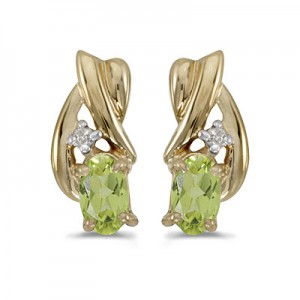 14k Yellow Gold Oval Peridot And Diamond Earrings