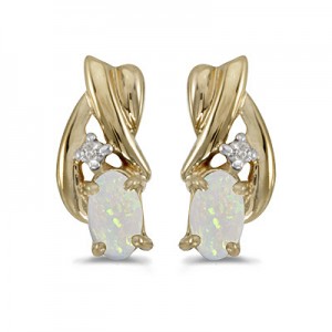 14k Yellow Gold Oval Opal And Diamond Earrings