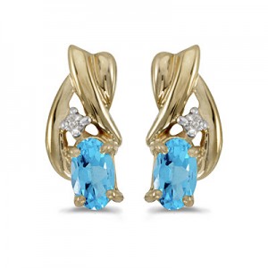 14k Yellow Gold Oval Blue Topaz And Diamond Earrings