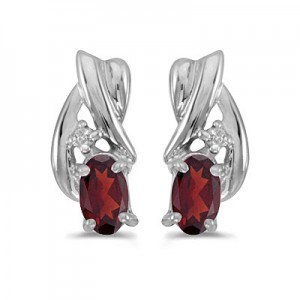 14k White Gold Oval Garnet And Diamond Earrings