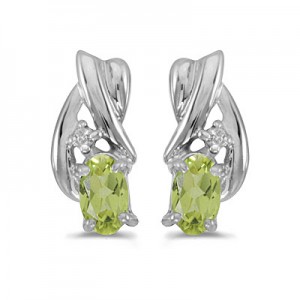 14k White Gold Oval Peridot And Diamond Earrings