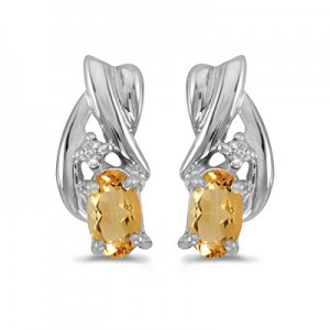 14k White Gold Oval Citrine And Diamond Earrings