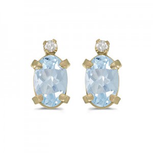 14k Yellow Gold Oval Aquamarine And Diamond Earrings