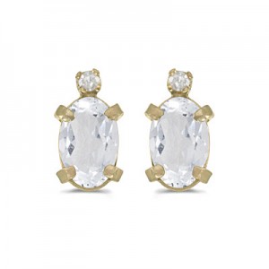 14k Yellow Gold Oval White Topaz And Diamond Earrings