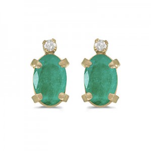 14k Yellow Gold Oval Emerald And Diamond Earrings