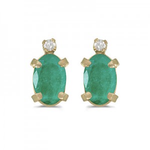 14k Yellow Gold Oval Emerald And Diamond Earrings