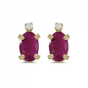 14k Yellow Gold Oval Ruby And Diamond Earrings