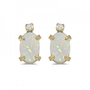 14k Yellow Gold Oval Opal And Diamond Earrings