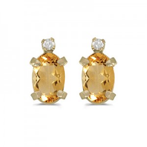 14k Yellow Gold Oval Citrine And Diamond Earrings