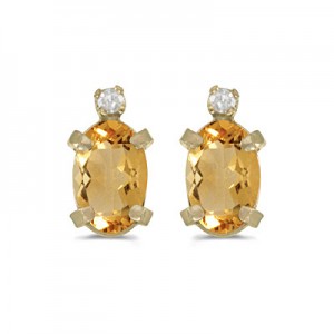 14k Yellow Gold Oval Citrine And Diamond Earrings