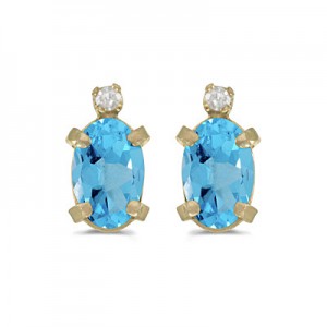 14k Yellow Gold Oval Blue Topaz And Diamond Earrings