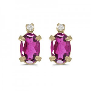 14k Yellow Gold Oval Pink Topaz And Diamond Earrings