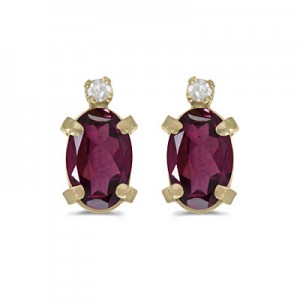 14k Yellow Gold Oval Rhodolite Garnet And Diamond Earrings