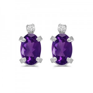 14k White Gold Oval Amethyst And Diamond Earrings