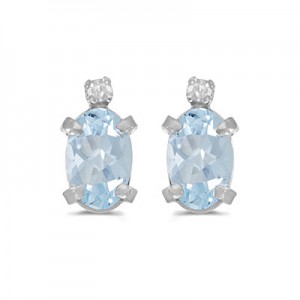 14k White Gold Oval Aquamarine And Diamond Earrings