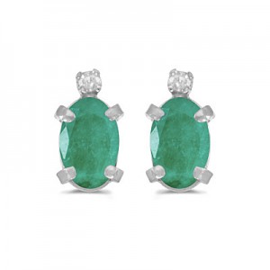 14k White Gold Oval Emerald And Diamond Earrings