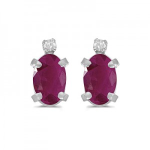 14k White Gold Oval Ruby And Diamond Earrings