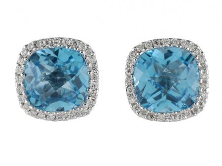 14K Blue Topaz Cushion Cut Earrings With Diamonds