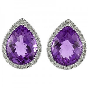 14K White Gold 9x11 mm Pear Amethyst and Diamond Earrings