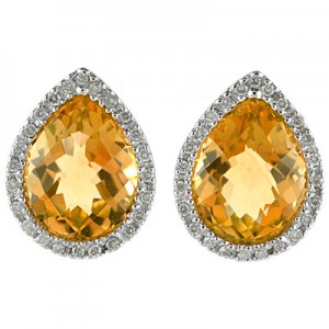 14K White Gold 9x11 mm Pear Citrine and Diamond Earrings