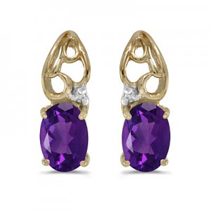 14k Yellow Gold Oval Amethyst And Diamond Earrings