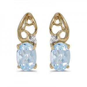 14k Yellow Gold Oval Aquamarine And Diamond Earrings