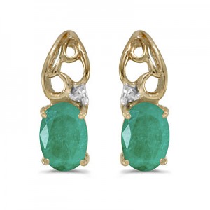 14k Yellow Gold Oval Emerald And Diamond Earrings