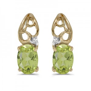 14k Yellow Gold Oval Peridot And Diamond Earrings