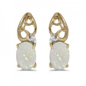 14k Yellow Gold Oval Opal And Diamond Earrings