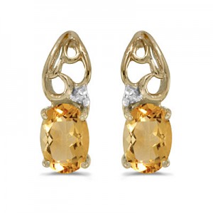 14k Yellow Gold Oval Citrine And Diamond Earrings