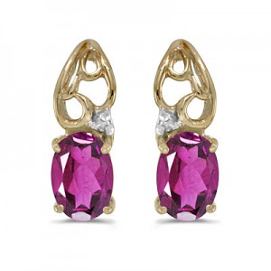 14k Yellow Gold Oval Pink Topaz And Diamond Earrings
