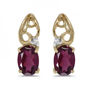 14k Yellow Gold Oval Rhodolite Garnet And Diamond Earrings